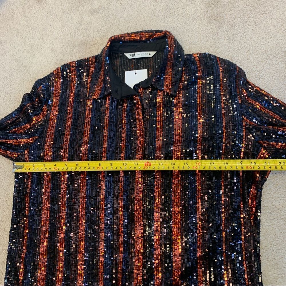 Zara black & burnt orange sequin pinstripe button-down shirt Sz M NWT - Picture 8 of 11